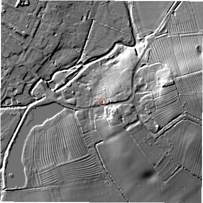 Shaded relief map of the ground around CV93RL, computed from Environment Agency LiDAR. The ground here sits at about 77 m above sea level and falls 16 m across the surrounding 800 m. Surface water reaching this point runs off ground lying to the east-south-east, 5.4 m higher.