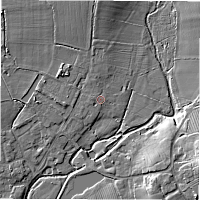 Shaded relief map of the ground around CV93RS, computed from Environment Agency LiDAR. The ground here sits at about 75 m above sea level and falls 14 m across the surrounding 800 m. Surface water reaching this point runs off ground lying to the west, 1.3 m higher.