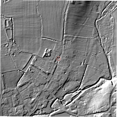 Shaded relief map of the ground around CV93RT, computed from Environment Agency LiDAR. The ground here sits at about 75 m above sea level and falls 11 m across the surrounding 800 m. Surface water reaching this point runs off ground lying to the north, 6.3 m higher.