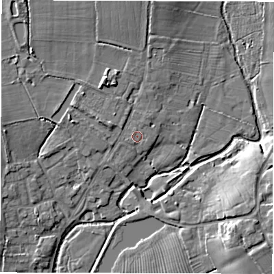 Shaded relief map of the ground around CV93RU, computed from Environment Agency LiDAR. The ground here sits at about 75 m above sea level and falls 10 m across the surrounding 800 m. Surface water reaching this point runs off ground lying to the south-south-west, 0.7 m higher.