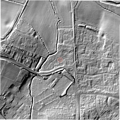 Shaded relief map of the ground around CV93SH, computed from Environment Agency LiDAR. The ground here sits at about 73 m above sea level and falls 18 m across the surrounding 800 m. Surface water reaching this point runs off ground lying to the south-west, 2.8 m higher.
