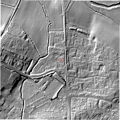 Shaded relief map of the ground around CV93SJ, computed from Environment Agency LiDAR. The ground here sits at about 73 m above sea level and falls 17 m across the surrounding 800 m. Surface water reaching this point runs off ground lying to the west-south-west, 3.2 m higher.