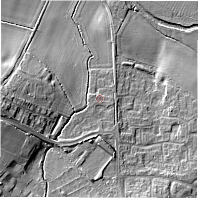 Shaded relief map of the ground around CV93SL, computed from Environment Agency LiDAR. The ground here sits at about 73 m above sea level and falls 18 m across the surrounding 800 m. Surface water reaching this point runs off ground lying to the south-west, 0.9 m higher.