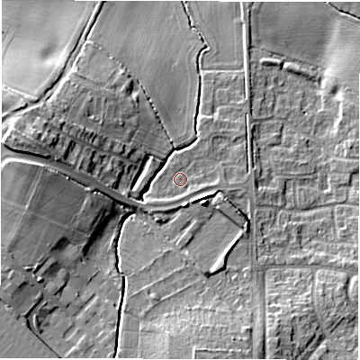 Shaded relief map of the ground around CV93SN, computed from Environment Agency LiDAR. The ground here sits at about 74 m above sea level and falls 18 m across the surrounding 800 m. Surface water reaching this point runs off ground lying to the south-west, 2.1 m higher.