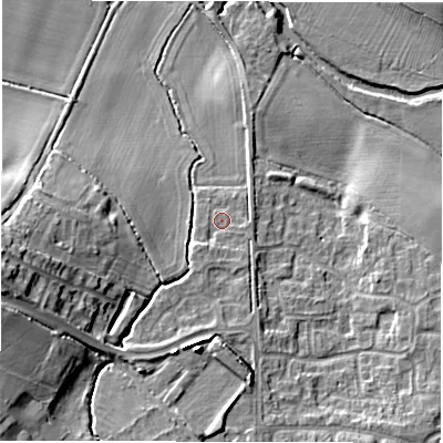 Shaded relief map of the ground around CV93SR, computed from Environment Agency LiDAR. The ground here sits at about 72 m above sea level and falls 18 m across the surrounding 800 m. Surface water reaching this point runs off ground lying to the south-south-west, 4.1 m higher.