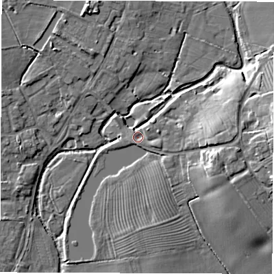 Shaded relief map of the ground around CV93SZ, computed from Environment Agency LiDAR. The ground here sits at about 74 m above sea level and falls 13 m across the surrounding 800 m. Surface water reaching this point runs off ground lying to the south-south-west, 0.9 m higher.