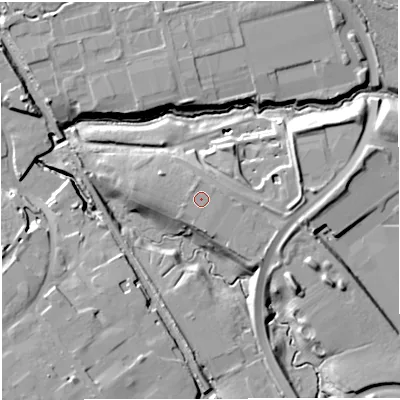 Shaded relief map of the ground around CW100GF, computed from Environment Agency LiDAR. The ground here sits at about 37 m above sea level and falls 15 m across the surrounding 800 m. The ground contributing surface water to this point lies to the north-east.