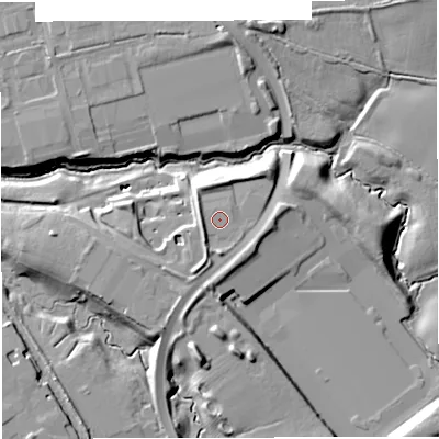 Shaded relief map of the ground around CW100GY, computed from Environment Agency LiDAR. The ground here sits at about 36 m above sea level and falls 14 m across the surrounding 800 m. Surface water reaching this point runs off ground lying to the south-south-west, 2.5 m higher.