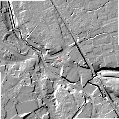 Shaded relief map of the ground around CW100JE, computed from Environment Agency LiDAR. The ground here sits at about 32 m above sea level and falls 19 m across the surrounding 800 m. Surface water reaching this point runs off ground lying to the north-east, 6.2 m higher.
