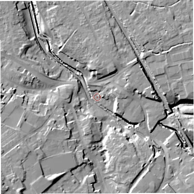 Shaded relief map of the ground around CW100JF, computed from Environment Agency LiDAR. The ground here sits at about 27 m above sea level and falls 20 m across the surrounding 800 m. Surface water reaching this point runs off ground lying to the south-south-west, 17.0 m higher.