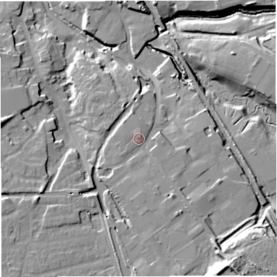 Shaded relief map of the ground around CW100JG, computed from Environment Agency LiDAR. The ground here sits at about 39 m above sea level and falls 25 m across the surrounding 800 m. Surface water reaching this point runs off ground lying to the south-south-west, 2.7 m higher.