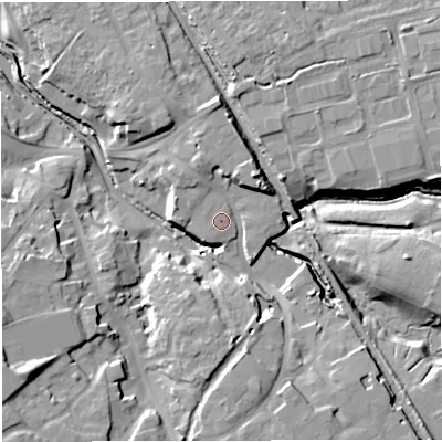 Shaded relief map of the ground around CW100JH, computed from Environment Agency LiDAR. The ground here sits at about 32 m above sea level and falls 18 m across the surrounding 800 m. Surface water reaching this point runs off ground lying to the north-east, 7.5 m higher.