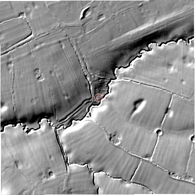 Shaded relief map of the ground around CW100JY, computed from Environment Agency LiDAR. The ground here sits at about 43 m above sea level and falls 12 m across the surrounding 800 m. Surface water reaching this point runs off ground lying to the south-east, 10.0 m higher.