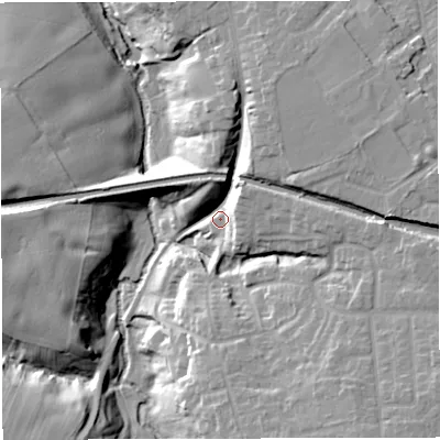 Shaded relief map of the ground around CW100LQ, computed from Environment Agency LiDAR. The ground here sits at about 33 m above sea level and falls 23 m across the surrounding 800 m. Surface water reaching this point runs off ground lying to the west, 14.4 m higher.