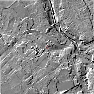 Shaded relief map of the ground around CW109DX, computed from Environment Agency LiDAR. The ground here sits at about 33 m above sea level and falls 20 m across the surrounding 800 m. Surface water reaching this point runs off ground lying to the west-south-west, 10.8 m higher.