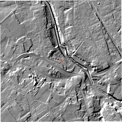 Shaded relief map of the ground around CW109ER, computed from Environment Agency LiDAR. The ground here sits at about 30 m above sea level and falls 20 m across the surrounding 800 m. Surface water reaching this point runs off ground lying to the west-north-west, 4.0 m higher.