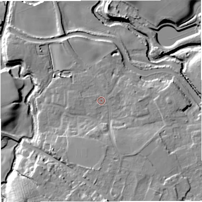 Shaded relief map of the ground around CW109EZ, computed from Environment Agency LiDAR. The ground here sits at about 28 m above sea level and falls 16 m across the surrounding 800 m. Surface water reaching this point runs off ground lying to the north, 0.7 m higher.