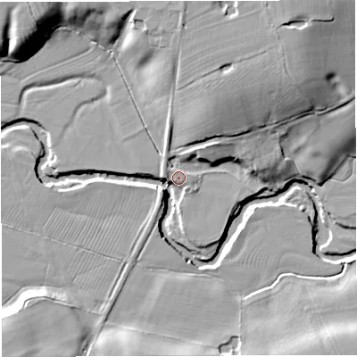 Shaded relief map of the ground around CW109LJ, computed from Environment Agency LiDAR. The ground here sits at about 29 m above sea level and falls 20 m across the surrounding 800 m. Surface water reaching this point runs off ground lying to the north-east, 17.4 m higher.