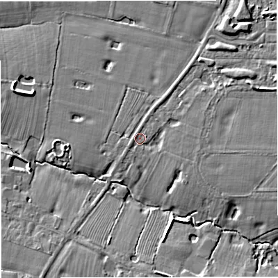 Shaded relief map of the ground around CW109NF, computed from Environment Agency LiDAR. The ground here sits at about 45 m above sea level and falls 9 m across the surrounding 800 m. Surface water reaching this point runs off ground lying to the east-north-east, 4.6 m higher.