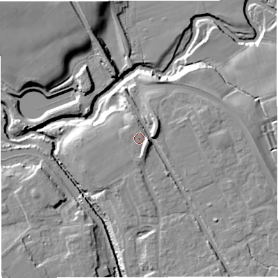 Shaded relief map of the ground around CW109PB, computed from Environment Agency LiDAR. The ground here sits at about 34 m above sea level and falls 16 m across the surrounding 800 m. Surface water reaching this point runs off ground lying to the east-south-east, 4.5 m higher.