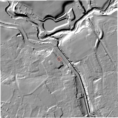 Shaded relief map of the ground around CW109PL, computed from Environment Agency LiDAR. The ground here sits at about 28 m above sea level and falls 16 m across the surrounding 800 m. Surface water reaching this point runs off ground lying to the south-south-west, 7.0 m higher.
