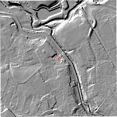 Shaded relief map of the ground around CW109PU, computed from Environment Agency LiDAR. The ground here sits at about 29 m above sea level and falls 16 m across the surrounding 800 m. Surface water reaching this point runs off ground lying to the south-south-west, 6.6 m higher.
