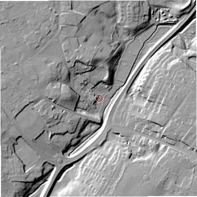 Shaded relief map of the ground around CW111EX, computed from Environment Agency LiDAR. The ground here sits at about 55 m above sea level and falls 20 m across the surrounding 800 m. Surface water reaching this point runs off ground lying to the west, 15.4 m higher.