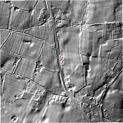 Shaded relief map of the ground around CW111RR, computed from Environment Agency LiDAR. The ground here sits at about 69 m above sea level and falls 10 m across the surrounding 800 m. Surface water reaching this point runs off ground lying to the south-east, 5.1 m higher.