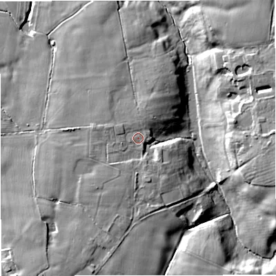 Shaded relief map of the ground around CW111RY, computed from Environment Agency LiDAR. The ground here sits at about 72 m above sea level and falls 13 m across the surrounding 800 m. Surface water reaching this point runs off ground lying to the south-south-west, 1.7 m higher.