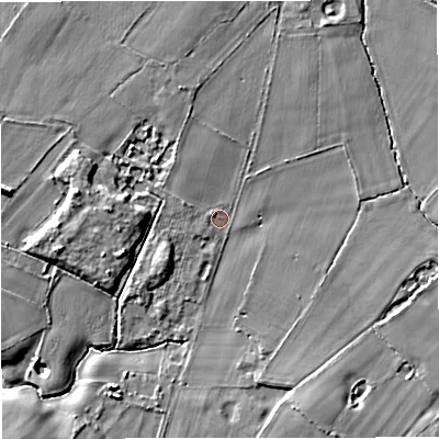 Shaded relief map of the ground around CW112SR, computed from Environment Agency LiDAR. The ground here sits at about 73 m above sea level and falls 9 m across the surrounding 800 m. Surface water reaching this point runs off ground lying to the north-north-west, 1.8 m higher.