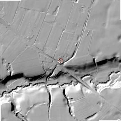 Shaded relief map of the ground around CW112TG, computed from Environment Agency LiDAR. The ground here sits at about 76 m above sea level and falls 24 m across the surrounding 800 m. Surface water reaching this point runs off ground lying to the north-north-east, 2.8 m higher.