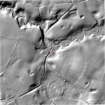 Shaded relief map of the ground around CW112WW, computed from Environment Agency LiDAR. The ground here sits at about 73 m above sea level and falls 16 m across the surrounding 800 m. Surface water reaching this point runs off ground lying to the south-west, 11.7 m higher.