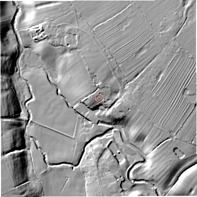 Shaded relief map of the ground around CW113QN, computed from Environment Agency LiDAR. The ground here sits at about 44 m above sea level and falls 17 m across the surrounding 800 m. Surface water reaching this point runs off ground lying to the north-east, 1.5 m higher.