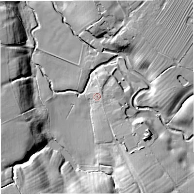 Shaded relief map of the ground around CW113QP, computed from Environment Agency LiDAR. The ground here sits at about 38 m above sea level and falls 16 m across the surrounding 800 m. Surface water reaching this point runs off ground lying to the east-south-east, 2.6 m higher.