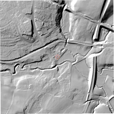 Shaded relief map of the ground around CW113RB, computed from Environment Agency LiDAR. The ground here sits at about 48 m above sea level and falls 22 m across the surrounding 800 m. Surface water reaching this point runs off ground lying to the north-west, 5.7 m higher.