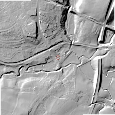 Shaded relief map of the ground around CW113RL, computed from Environment Agency LiDAR. The ground here sits at about 49 m above sea level and falls 22 m across the surrounding 800 m. Surface water reaching this point runs off ground lying to the north-west, 5.7 m higher.