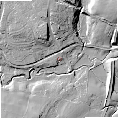 Shaded relief map of the ground around CW113RR, computed from Environment Agency LiDAR. The ground here sits at about 52 m above sea level and falls 23 m across the surrounding 800 m. Surface water reaching this point runs off ground lying to the north-north-east, 2.8 m higher.