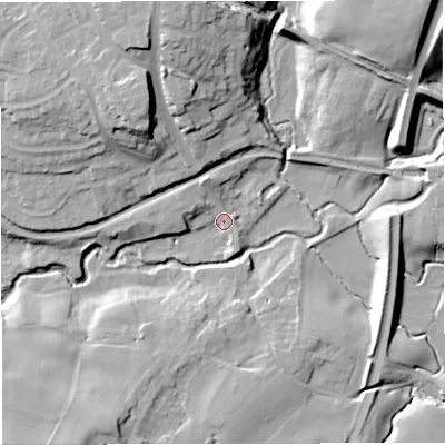 Shaded relief map of the ground around CW113RT, computed from Environment Agency LiDAR. The ground here sits at about 49 m above sea level and falls 22 m across the surrounding 800 m. Surface water reaching this point runs off ground lying to the north-north-west, 5.8 m higher.