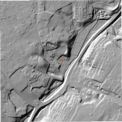 Shaded relief map of the ground around CW114EL, computed from Environment Agency LiDAR. The ground here sits at about 56 m above sea level and falls 20 m across the surrounding 800 m. Surface water reaching this point runs off ground lying to the north-north-west, 16.7 m higher.