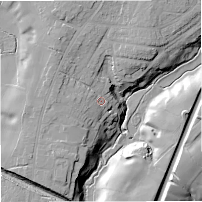 Shaded relief map of the ground around CW114PN, computed from Environment Agency LiDAR. The ground here sits at about 63 m above sea level and falls 23 m across the surrounding 800 m. Surface water reaching this point runs off ground lying to the west-north-west, 7.0 m higher.