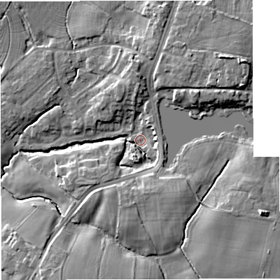 Shaded relief map of the ground around CW114QZ, computed from Environment Agency LiDAR. The ground here sits at about 60 m above sea level and falls 14 m across the surrounding 800 m. Surface water reaching this point runs off ground lying to the south-south-east, 7.1 m higher.