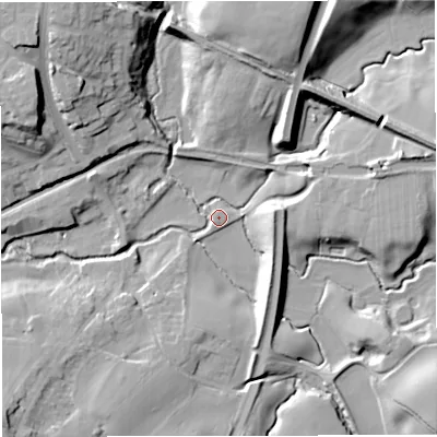 Shaded relief map of the ground around CW114RB, computed from Environment Agency LiDAR. The ground here sits at about 49 m above sea level and falls 21 m across the surrounding 800 m. Surface water reaching this point runs off ground lying to the north-west, 19.7 m higher.