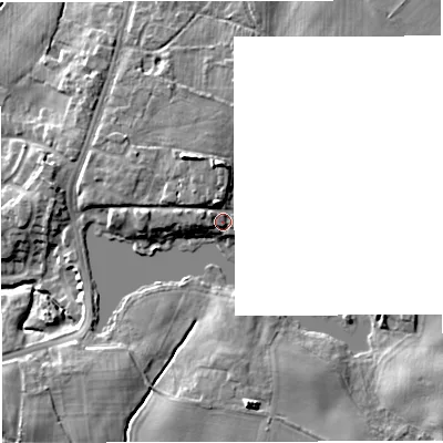 Shaded relief map of the ground around CW114RY, computed from Environment Agency LiDAR. The ground here sits at about 65 m above sea level and falls 11 m across the surrounding 800 m. Surface water reaching this point runs off ground lying to the north, 5.4 m higher.