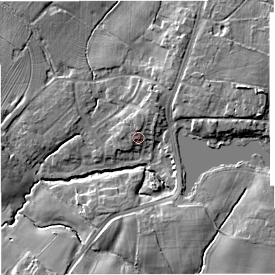 Shaded relief map of the ground around CW114SW, computed from Environment Agency LiDAR. The ground here sits at about 62 m above sea level and falls 14 m across the surrounding 800 m. Surface water reaching this point runs off ground lying to the north-north-east, 4.2 m higher.