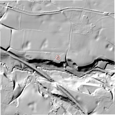 Shaded relief map of the ground around CW114XX, computed from Environment Agency LiDAR. The ground here sits at about 82 m above sea level and falls 25 m across the surrounding 800 m. Surface water reaching this point runs off ground lying to the north, 1.2 m higher.