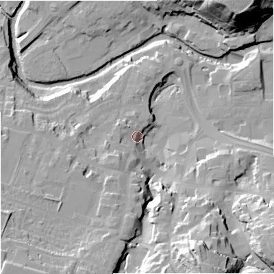 Shaded relief map of the ground around CW121AB, computed from Environment Agency LiDAR. The ground here sits at about 86 m above sea level and falls 41 m across the surrounding 800 m. Surface water reaching this point runs off ground lying to the south-west, 10.6 m higher.