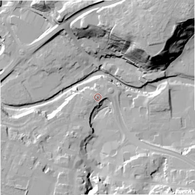 Shaded relief map of the ground around CW121AG, computed from Environment Agency LiDAR. The ground here sits at about 83 m above sea level and falls 43 m across the surrounding 800 m. Surface water reaching this point runs off ground lying to the south-west, 3.3 m higher.