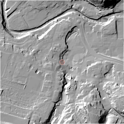 Shaded relief map of the ground around CW121AP, computed from Environment Agency LiDAR. The ground here sits at about 84 m above sea level and falls 41 m across the surrounding 800 m. Surface water reaching this point runs off ground lying to the south-west, 27.7 m higher.
