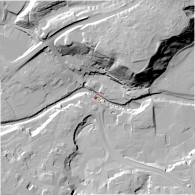 Shaded relief map of the ground around CW121AQ, computed from Environment Agency LiDAR. The ground here sits at about 75 m above sea level and falls 42 m across the surrounding 800 m. Surface water reaching this point runs off ground lying to the north-east, 40.1 m higher.
