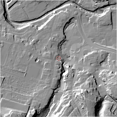 Shaded relief map of the ground around CW121AR, computed from Environment Agency LiDAR. The ground here sits at about 88 m above sea level and falls 45 m across the surrounding 800 m. Surface water reaching this point runs off ground lying to the south-south-west, 18.0 m higher.